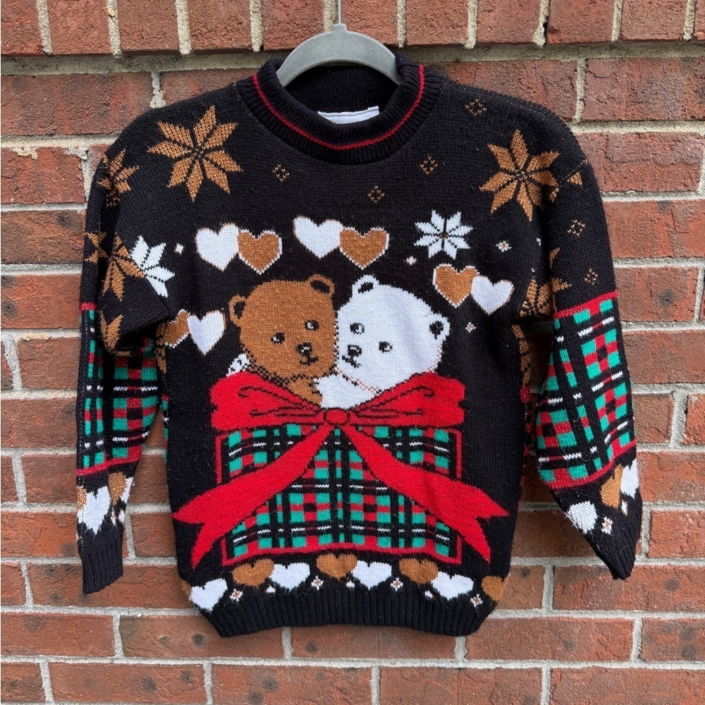 Vintage 90s Y2K Knit Bear Heart Embroidered Sweater Size Medium 10/12 Kids girls - Picture 1 of 4